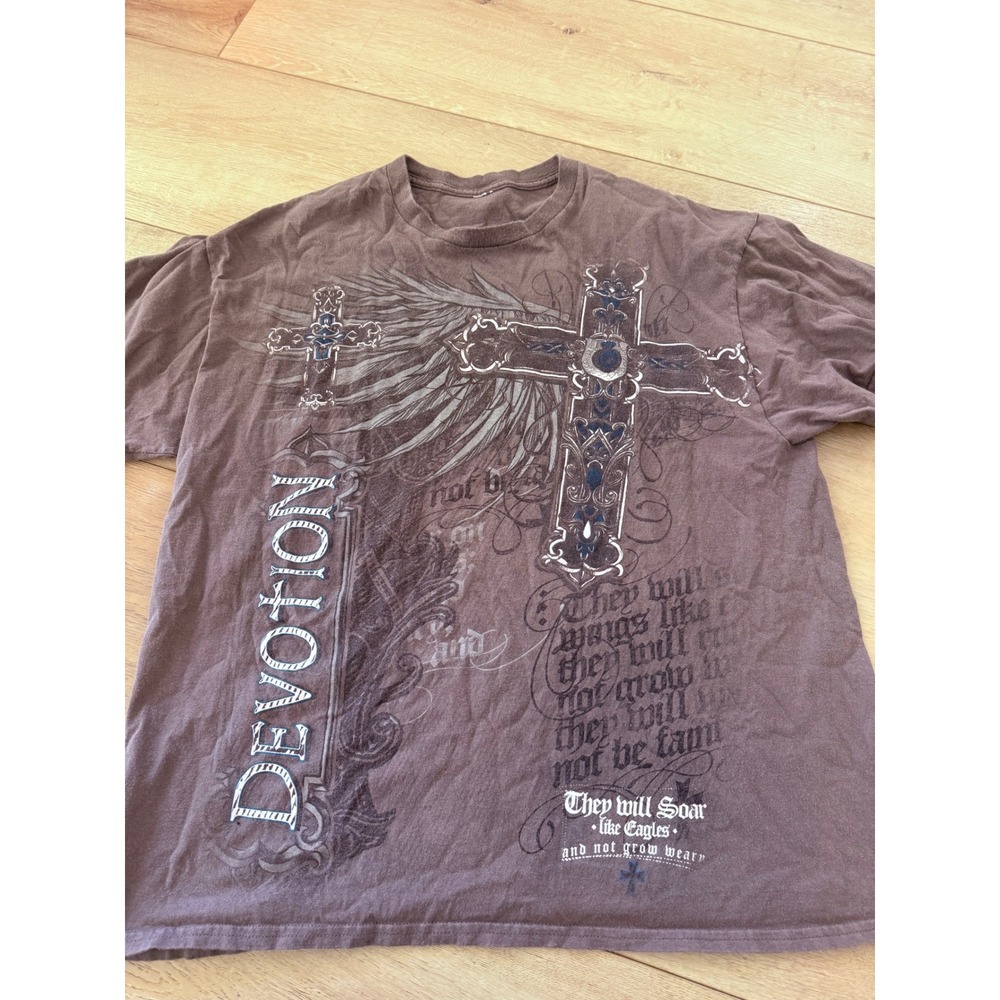 Graphic Tee Men XL Brown Good Cross Wing Devotion Scripture Y2K 270